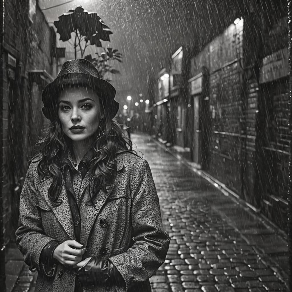 Film Noir Woman in Rainy Alleyway