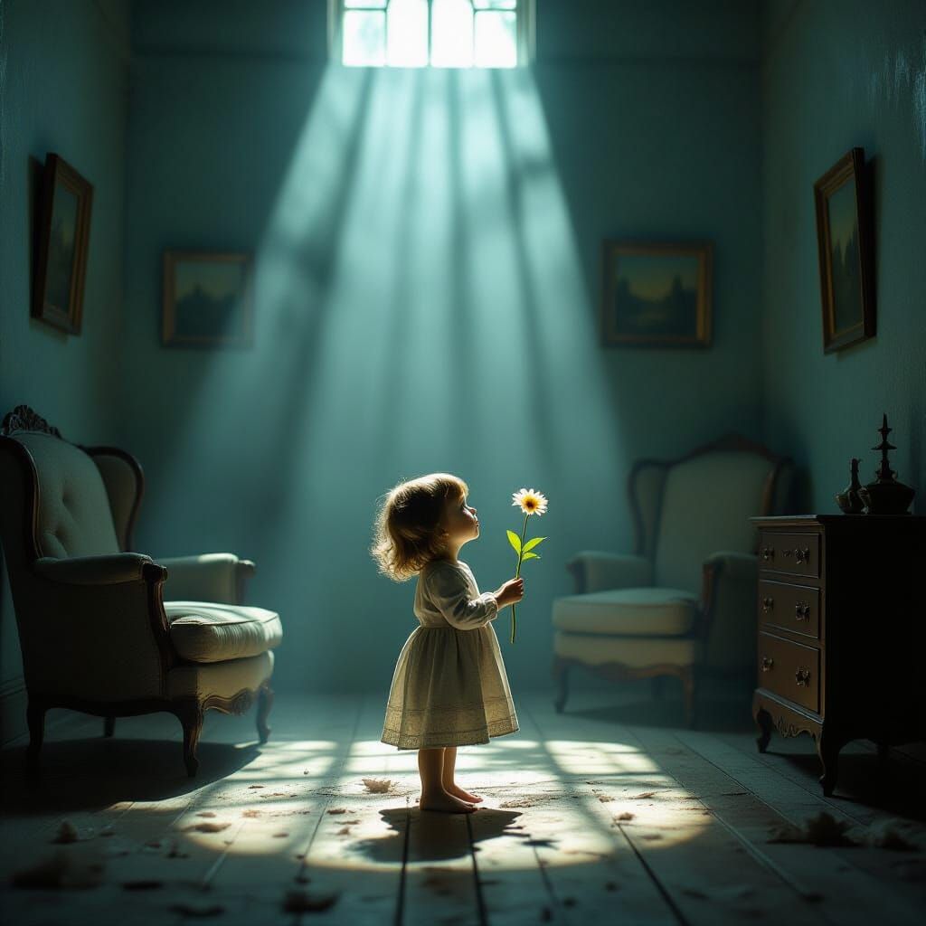 Child's Loneliness in Surreal, Hyper-Realistic Room