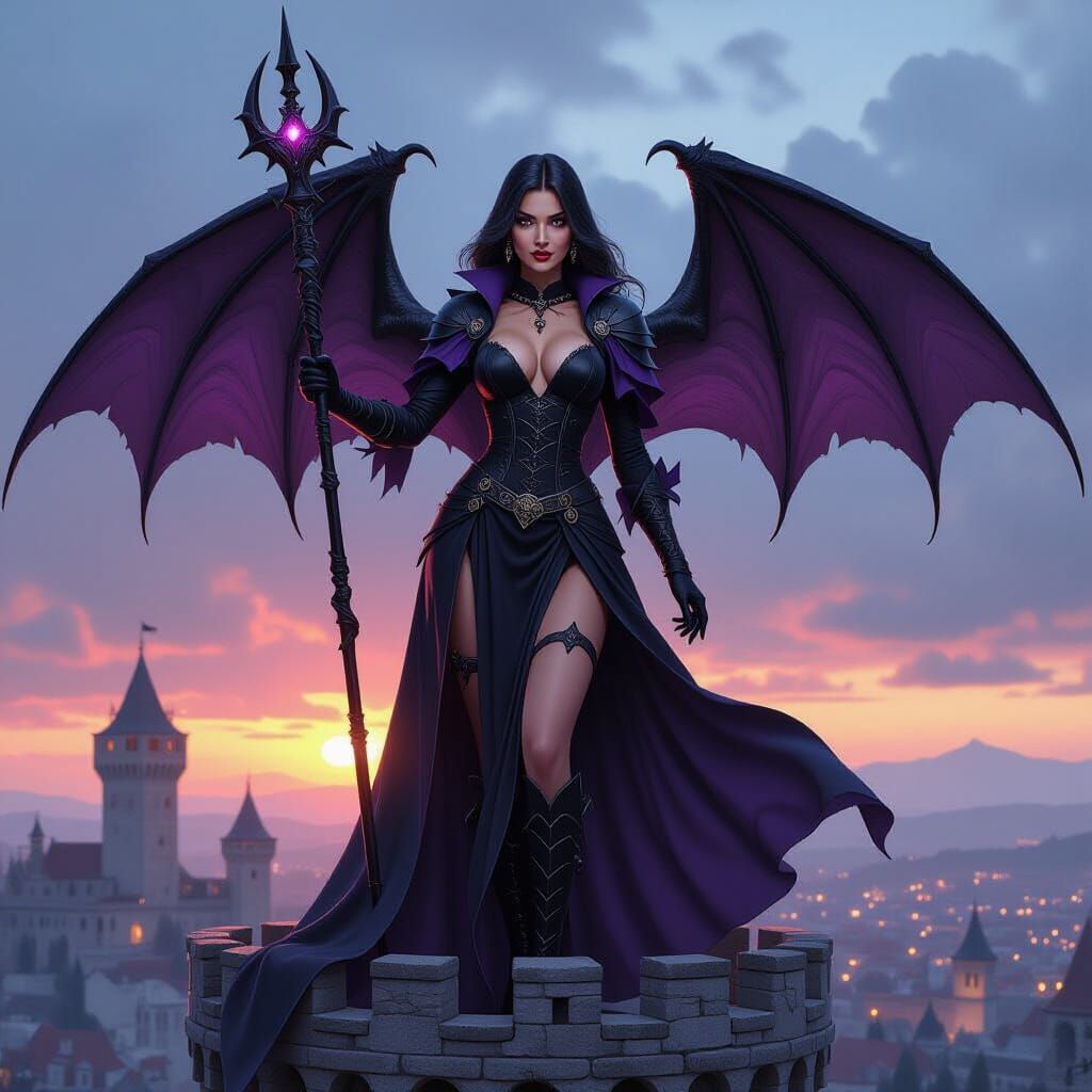 Sexy Half-Dragon Witch on Castle Tower