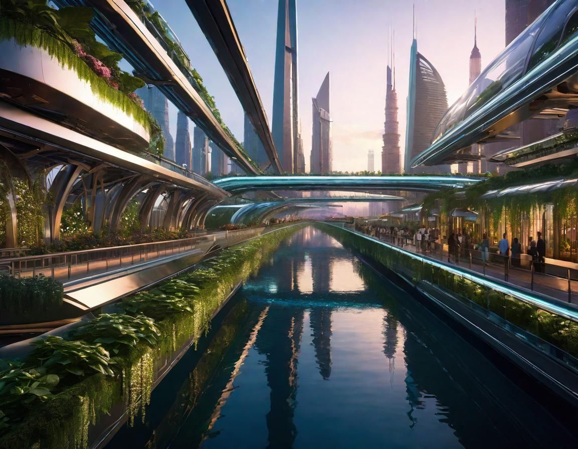 Futuristic Cityscape with Hanging Gardens at Sunset