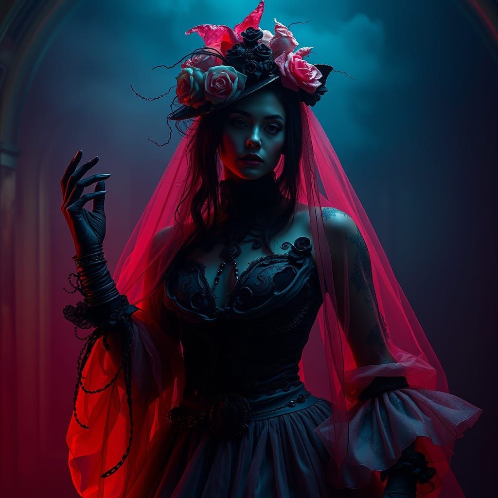 Mysterious Woman in Ethereal, Vibrant Style