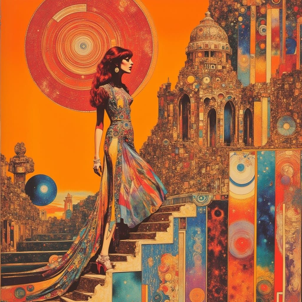 Psychedelic Fantasy Pyramid with Woman on Staircase