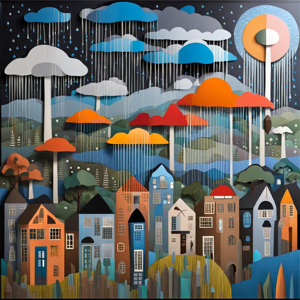 Whimsical Rainstorm in Naive Art Style