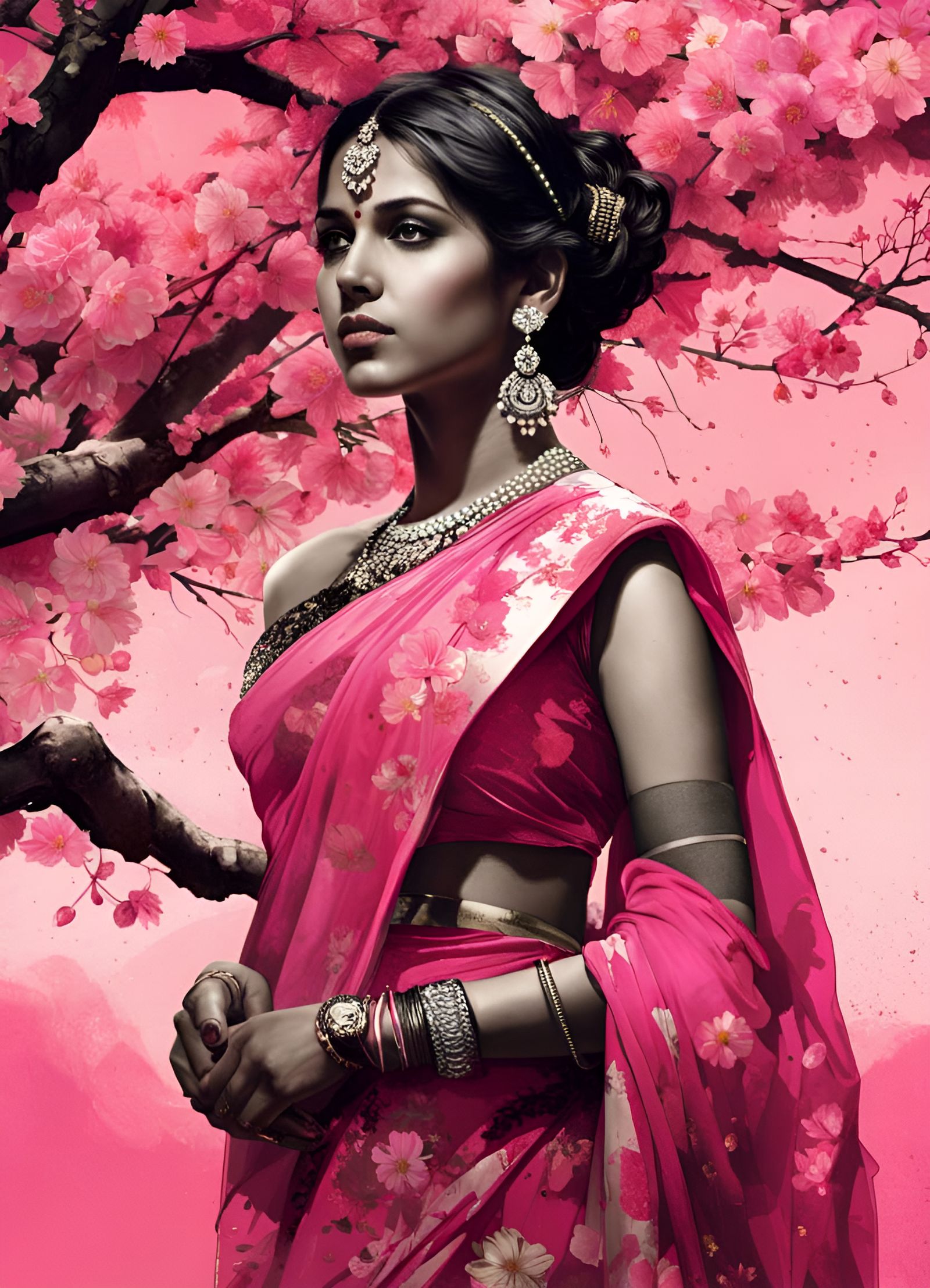 Beautiful Indian woman in saree standing beside sakura tree