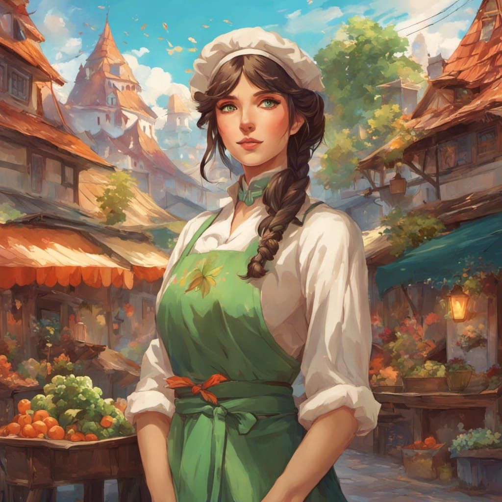 Anime Baker Girl Portrait in Colorful Village