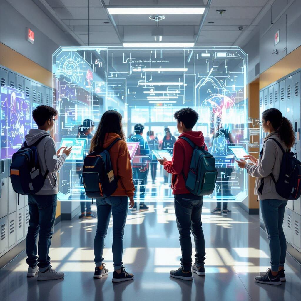 Futuristic School Hallway with Holographic Displays