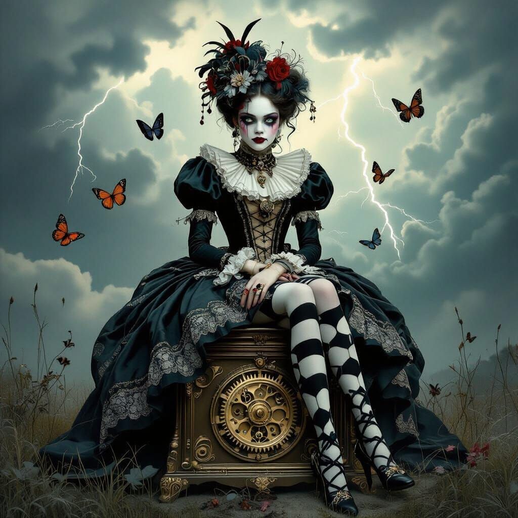 Melancholic Harlequin Girl on Music Box in Gothic Art