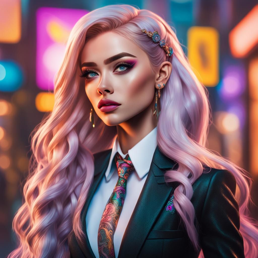 Hyperrealistic Emo Girl in Suit with Colorful Tattoos
