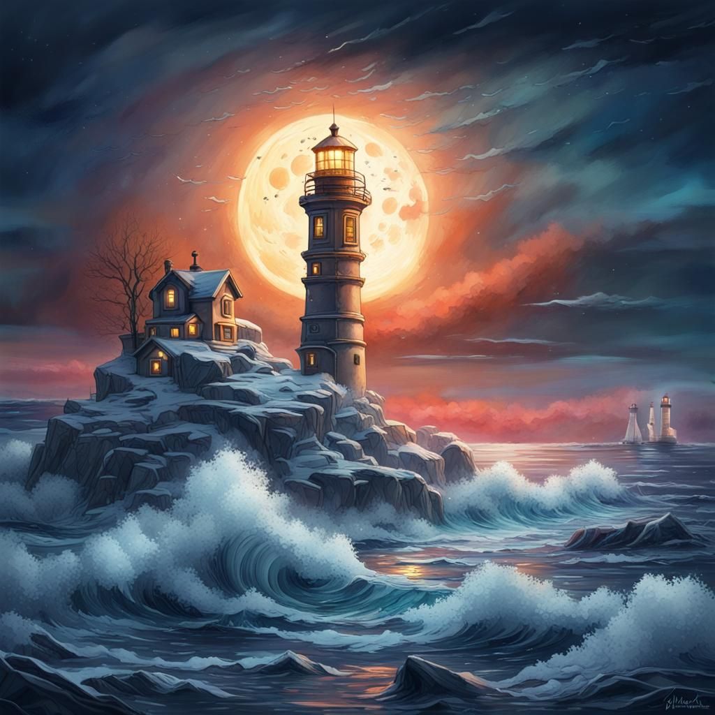 Chaotic Winter Seascape Lighthouse in Vibrant Colors