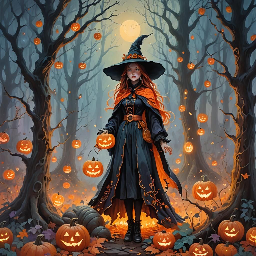 Enchanting Witch in Mystical Autumn Forest Painting