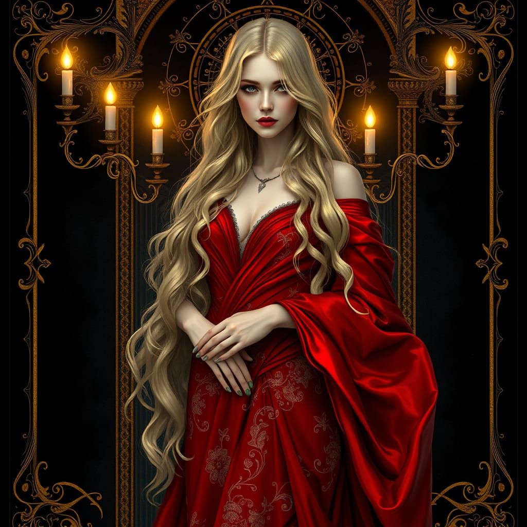 Ethereal Art Nouveau Goddess in Crimson Gown