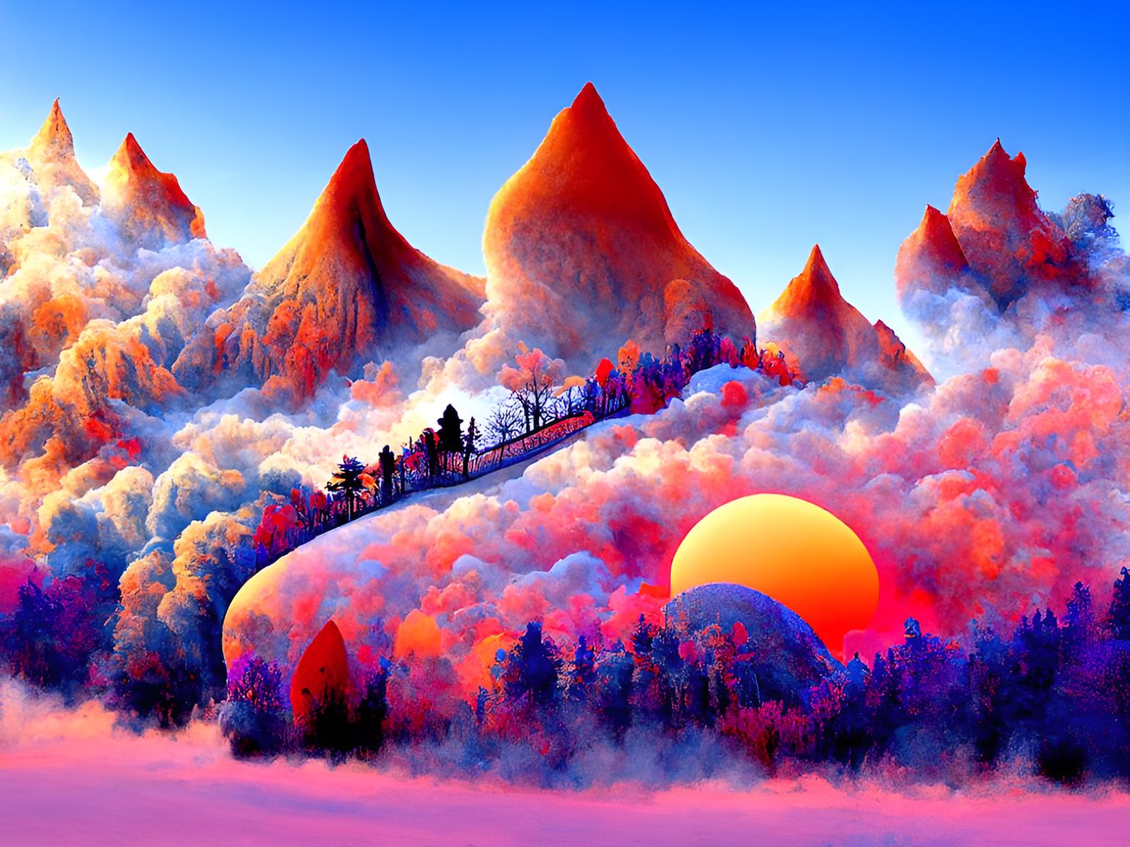 Psychedelic Mountain Sunrise in Mixed Media Style