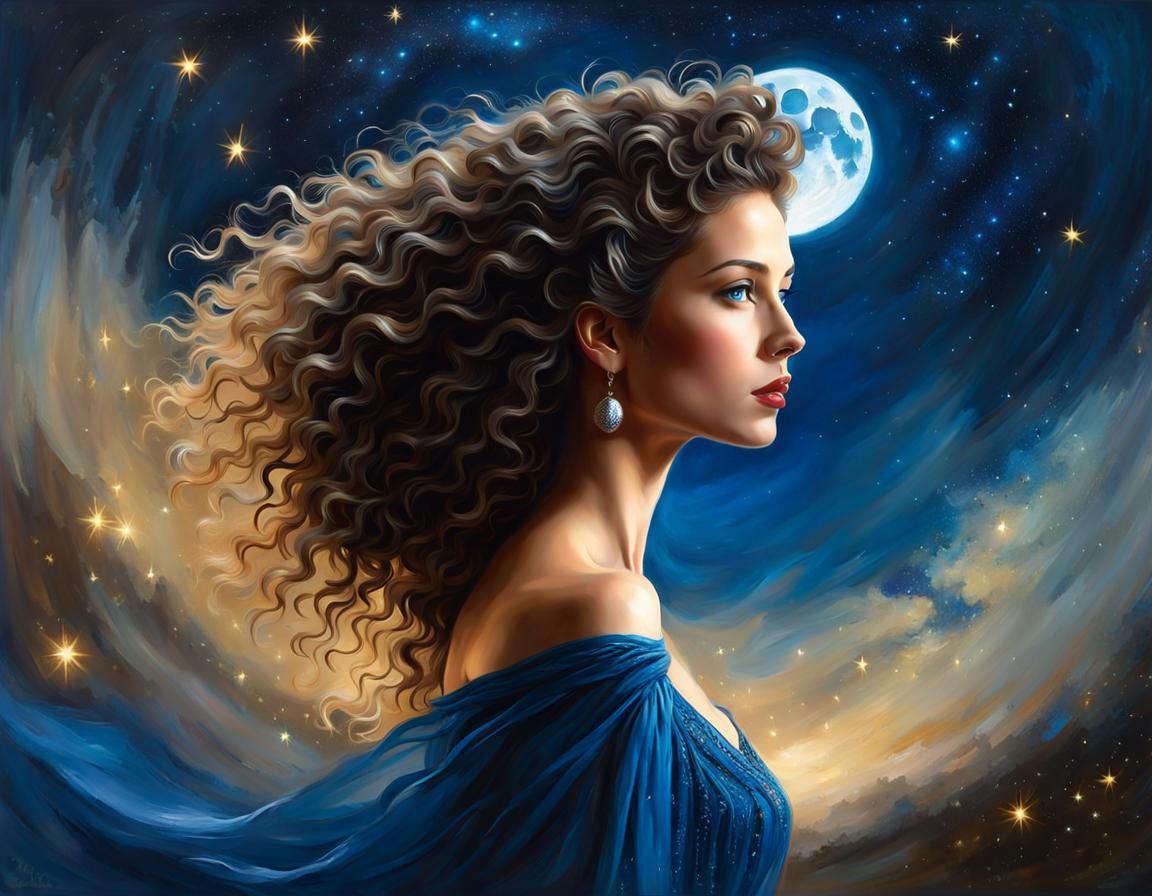 Woman with Curly Hair in Matte Painting Style