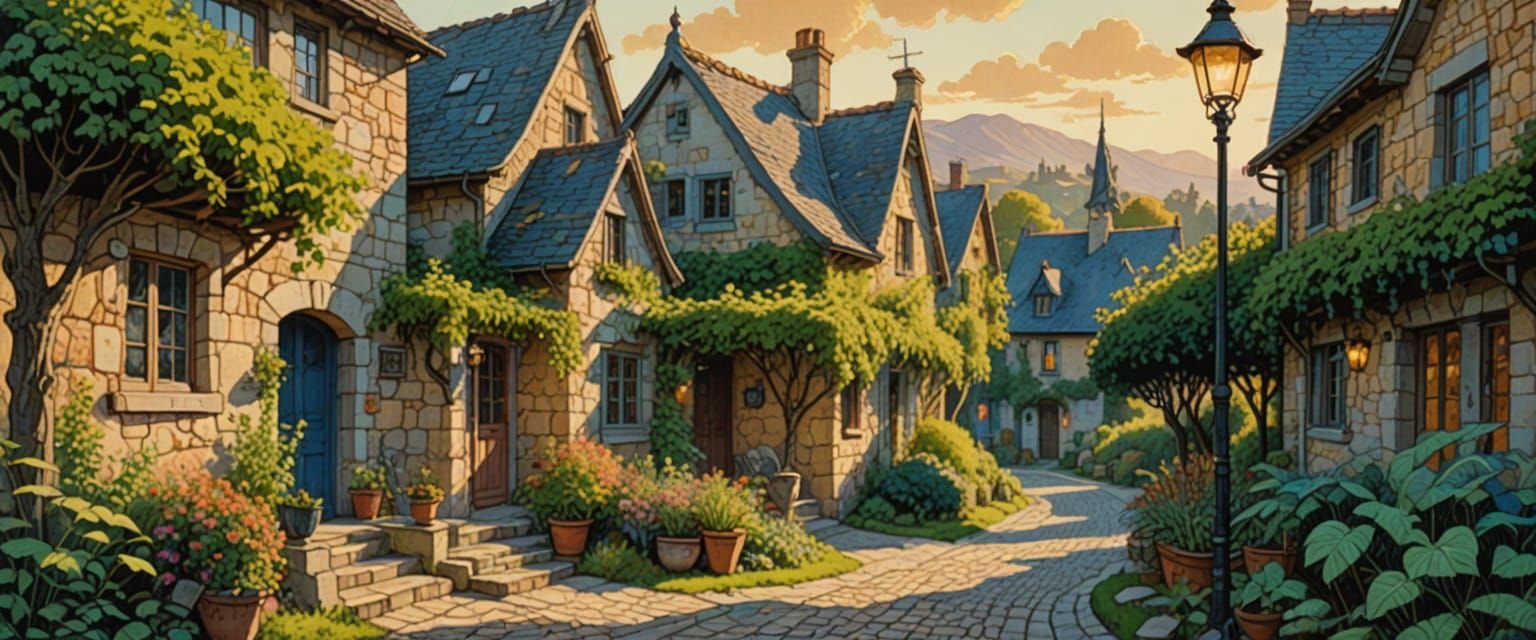 Quaint Village Scene in Comic Book Style