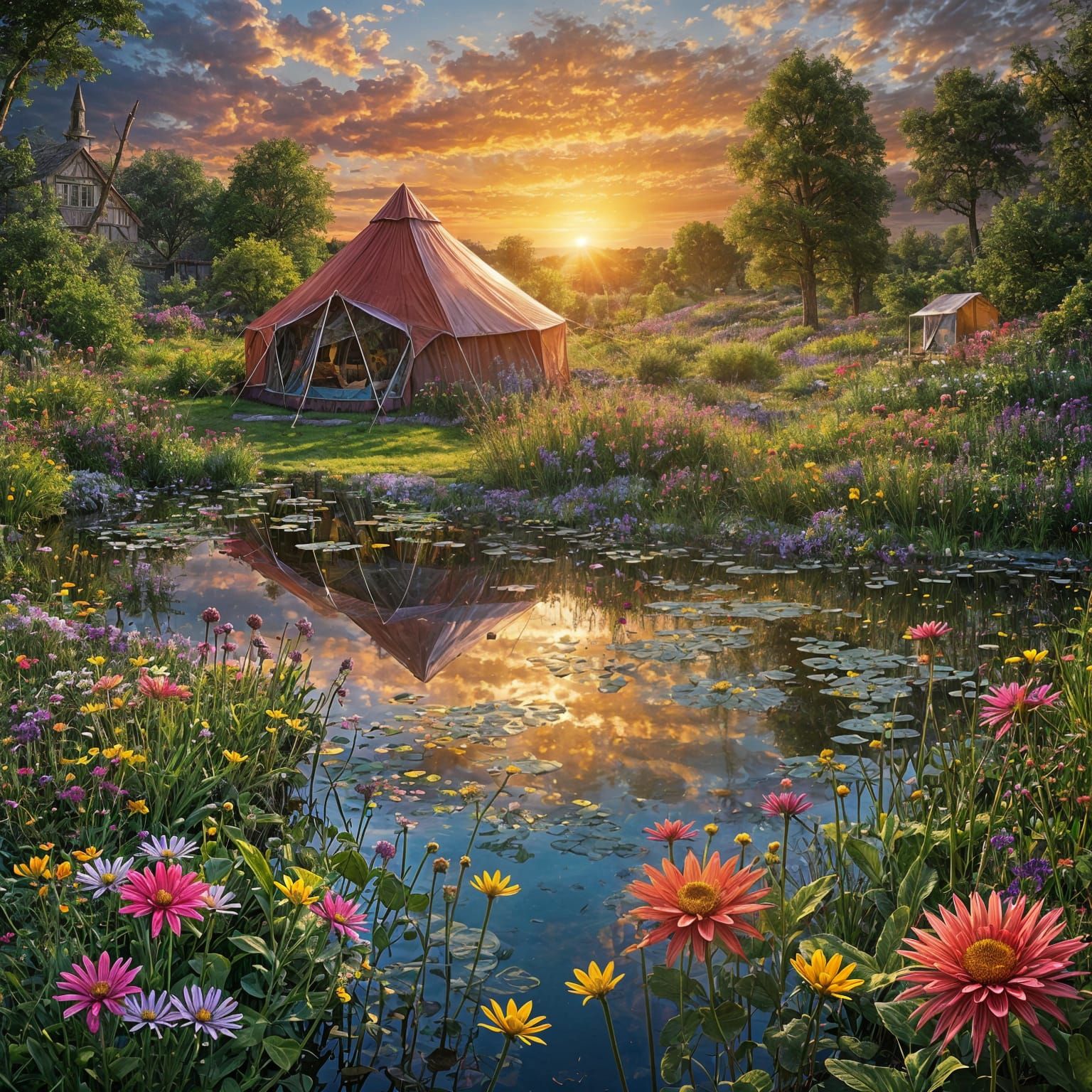 Enchanted Garden Pond at Sunset, Fantasycore Style