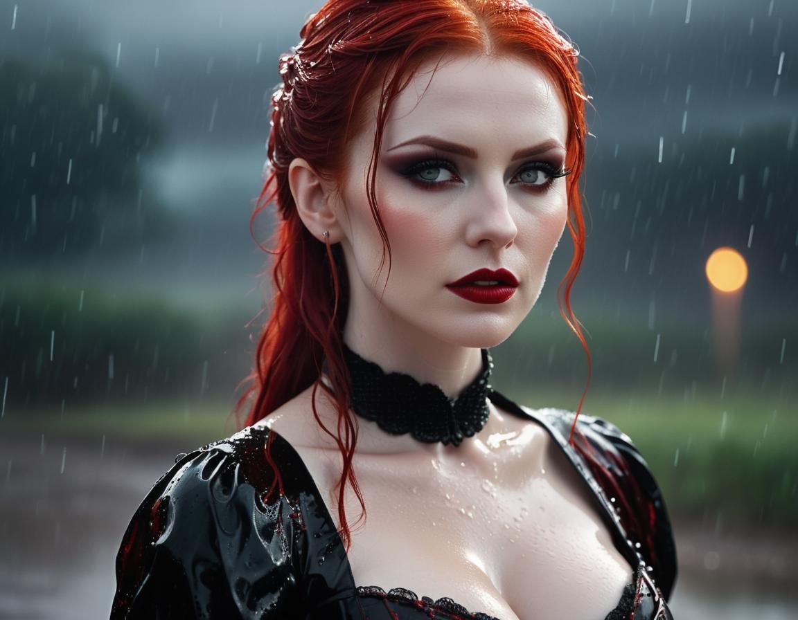 Gothic Vampire in Red Lake During Thunderstorm