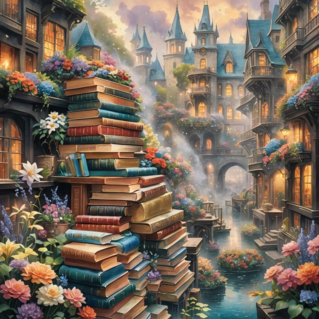 Watercolor Cityscape with Books and Flowers