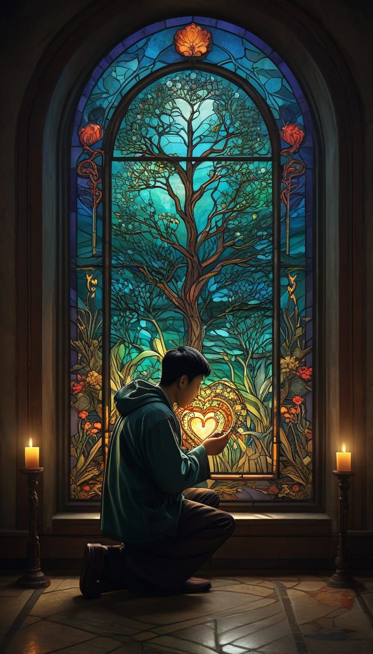 Mystical Heart Offering Key in Art Nouveau Stained Glass
