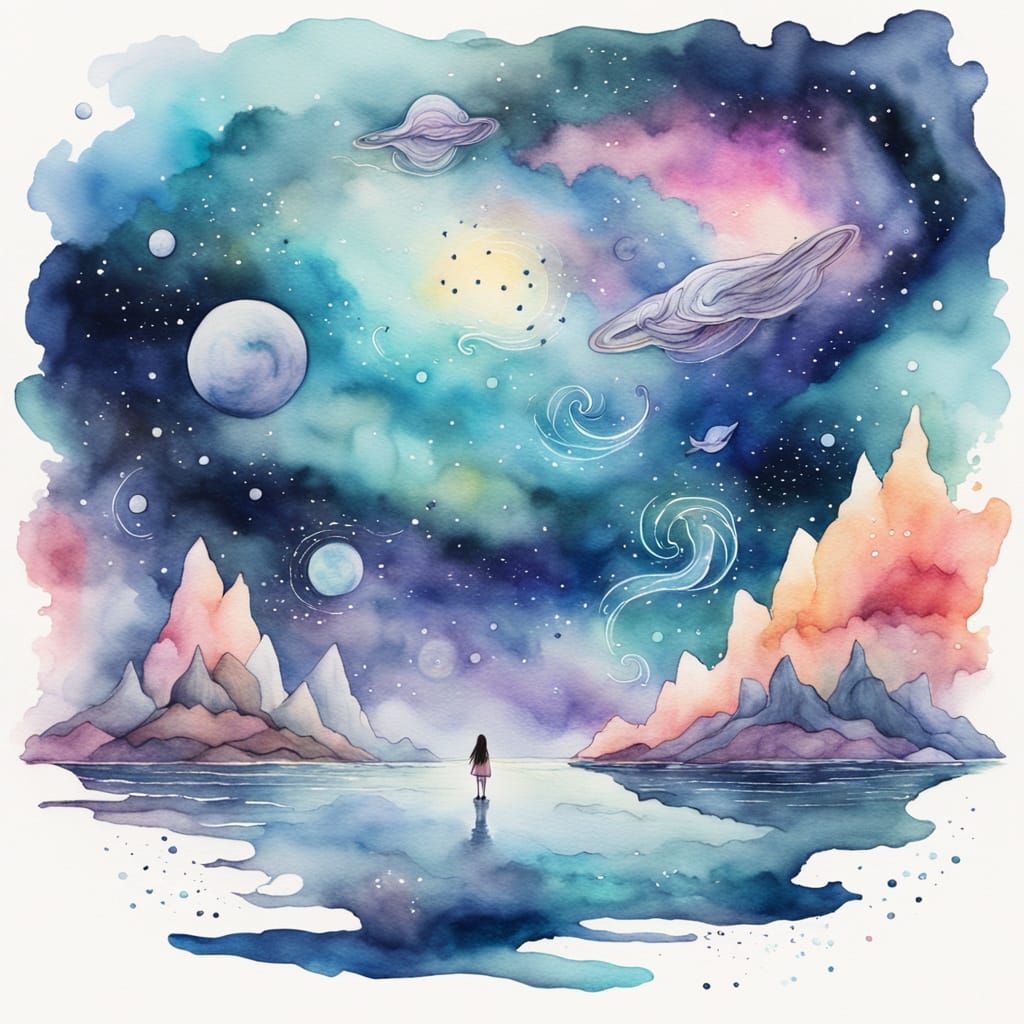 Girl Charts Galaxies in Whimsical Watercolor