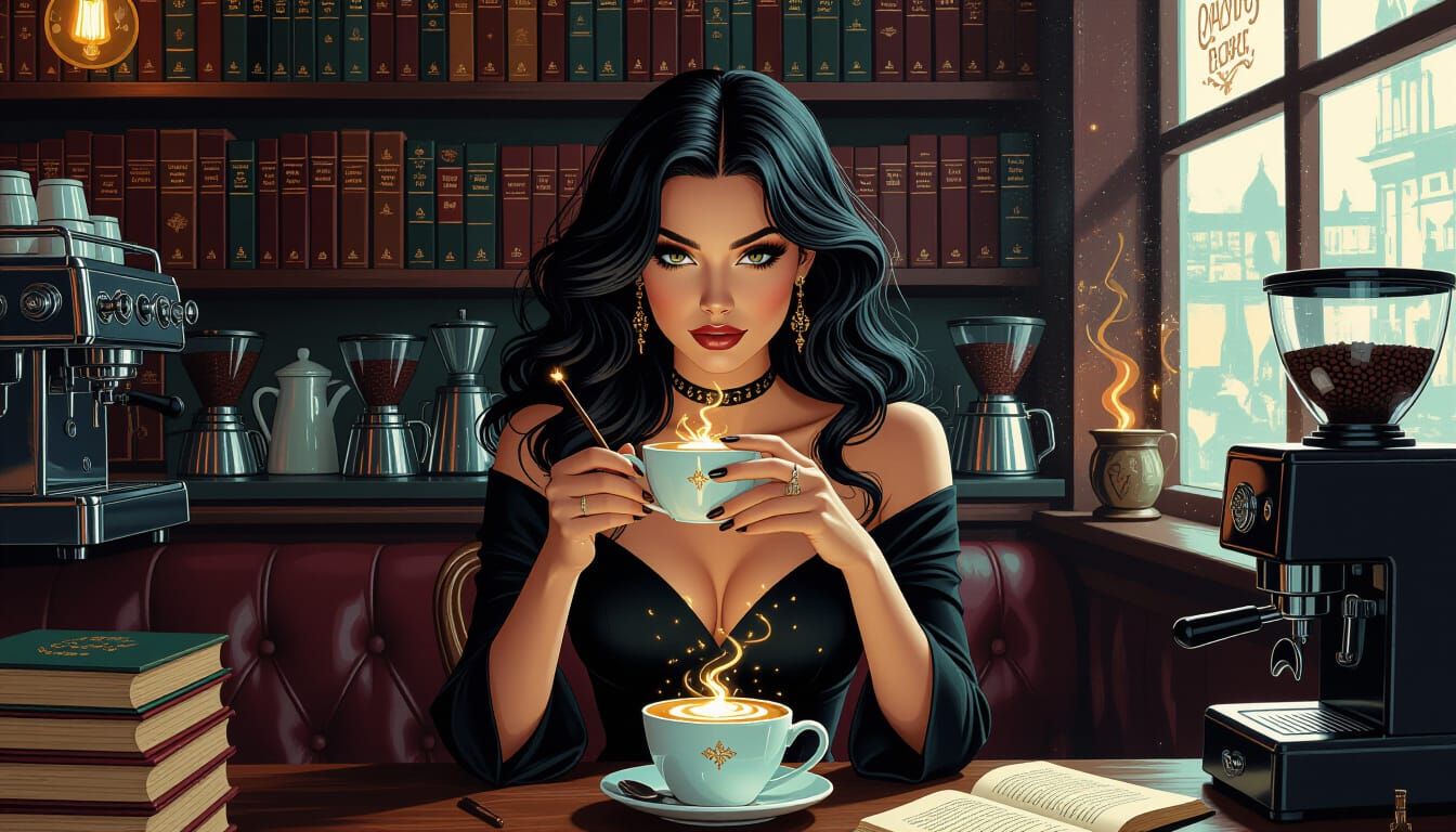 Witch Stirring Latte in Cozy Cafe with Film Noir Lighting