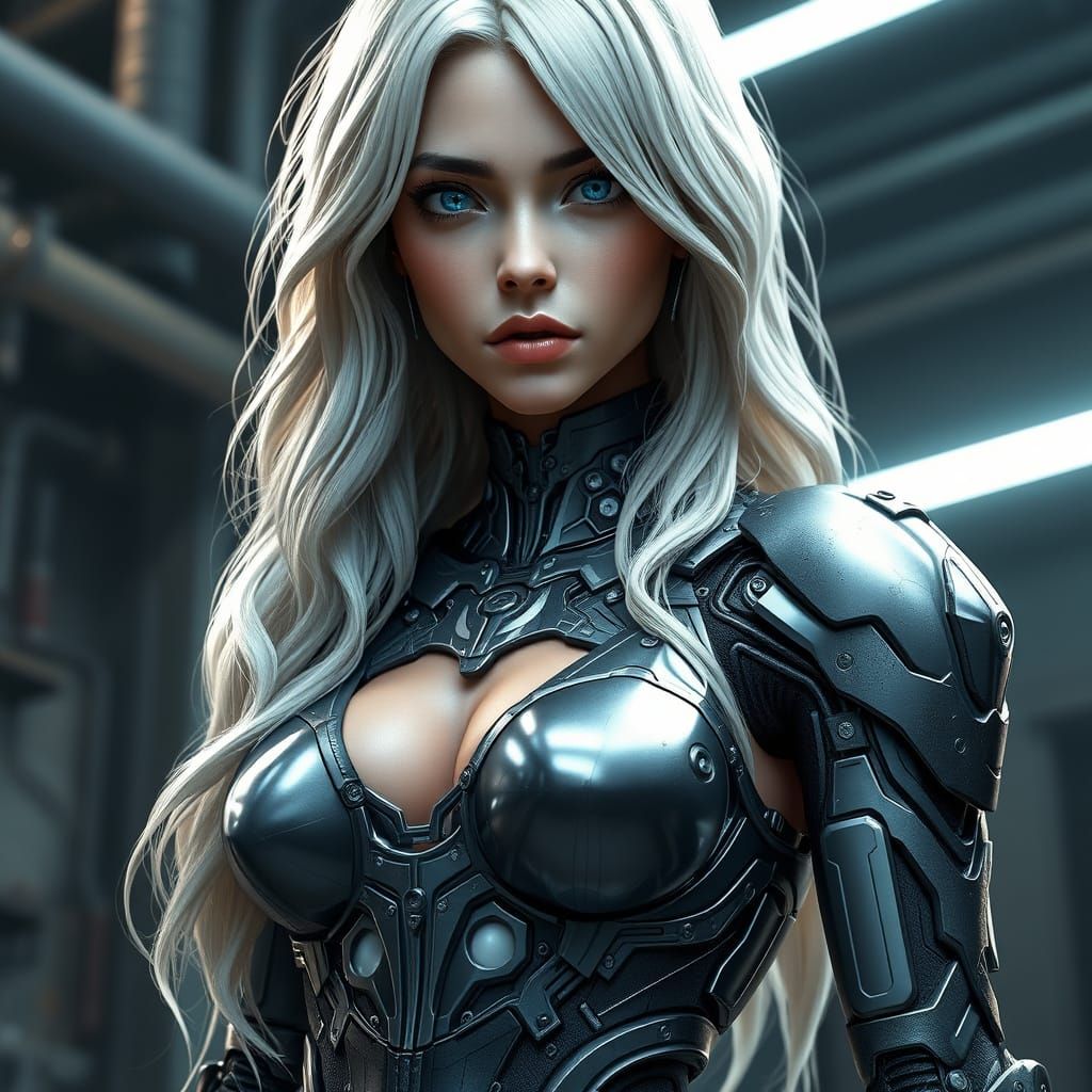 Cyberpunk Android Beauty in Metallic Armor