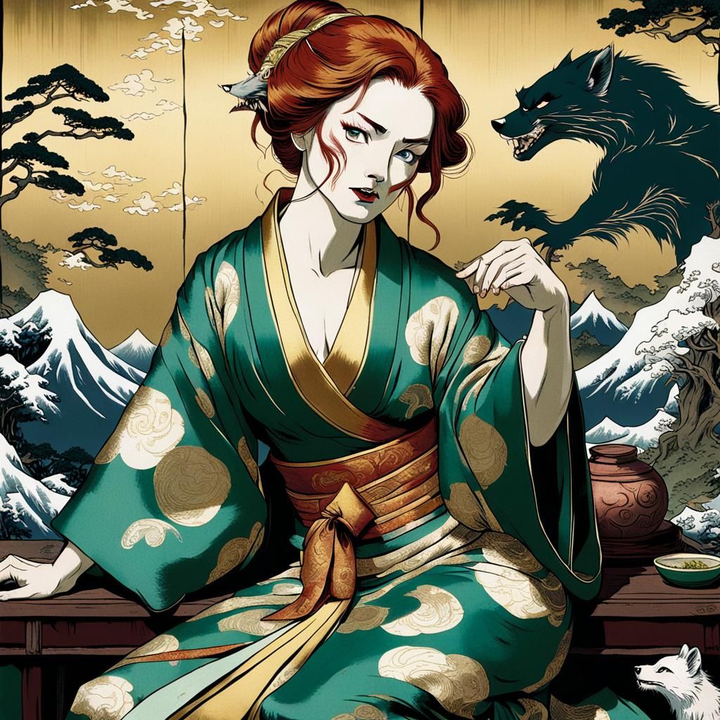 Kimono Woman and Werefox Inspired by Hokusai