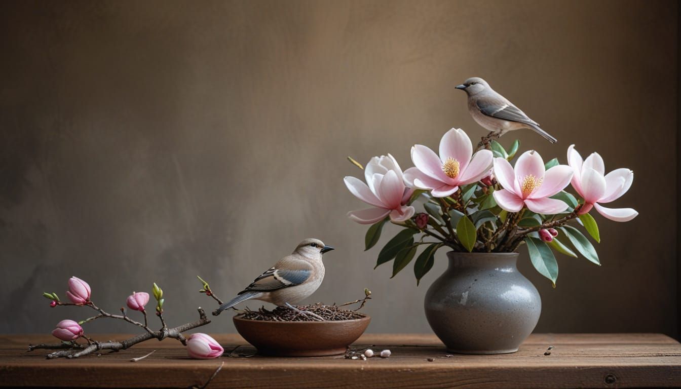 Photorealistic Still Life: Magnolia Vase with Nesting Bird
