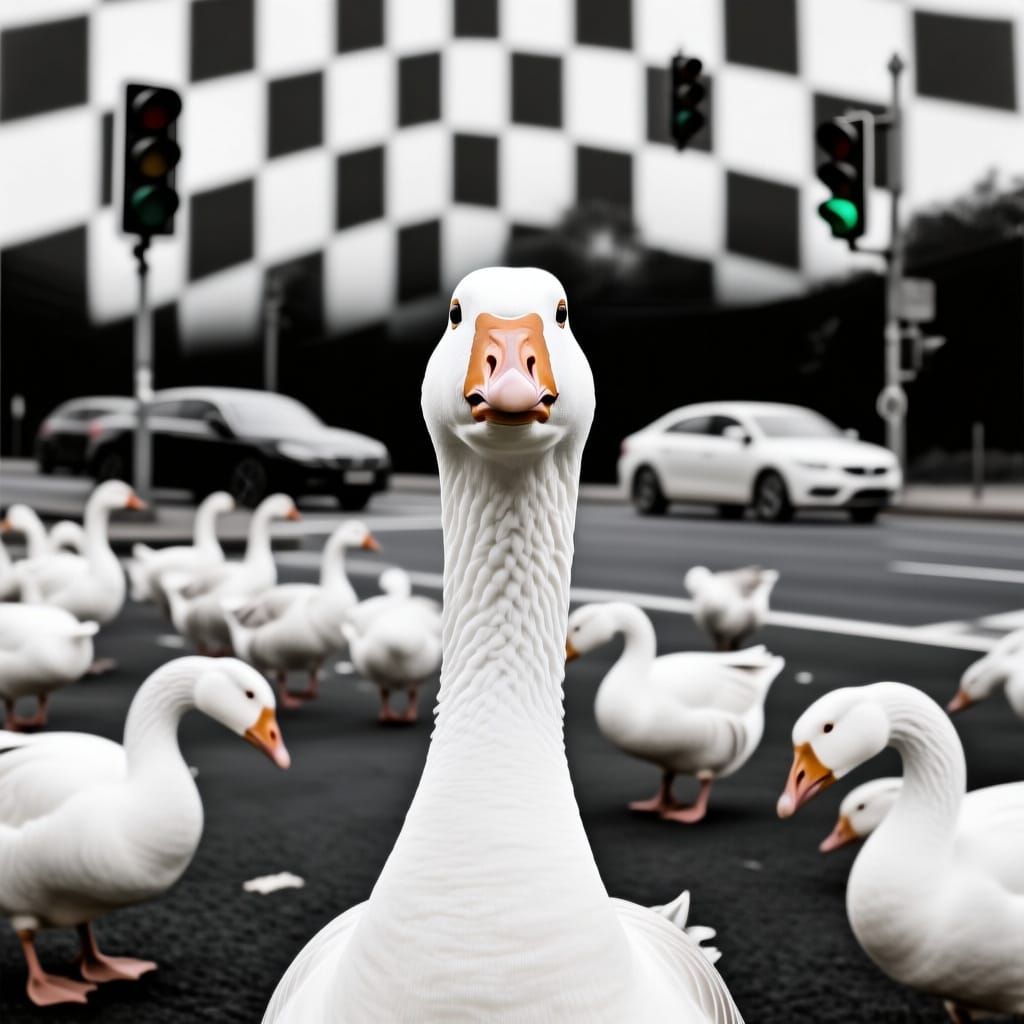 Monochromatic Goose Face on Checkered Asphalt Road