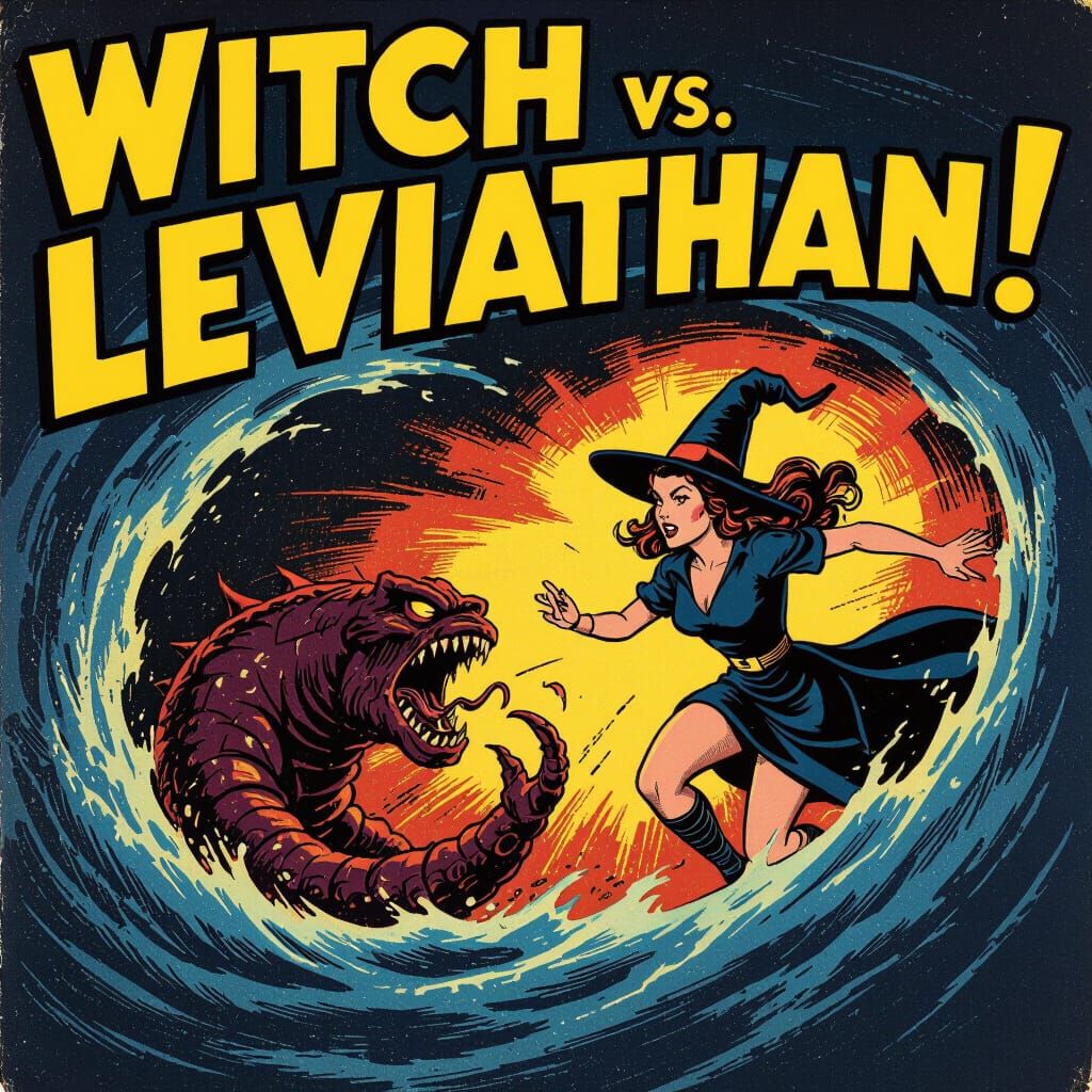 Witch vs. Sea Monster Comic Art in 1950s Style