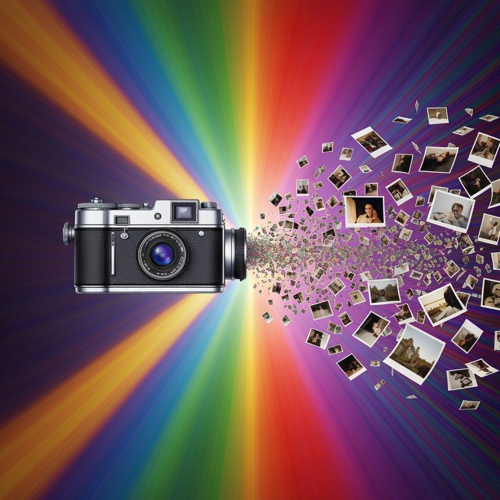 Vintage Camera Shooting Rainbow Beam: Psychedelic Digital Ar...