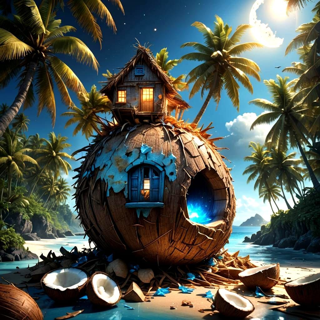 Coconut in Dilapidated House with Blue Ocean Light