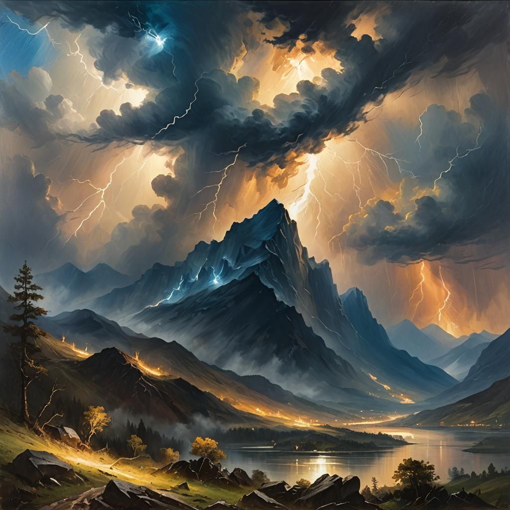 Dramatic Mountain Lightning Storm Inspired by Turner