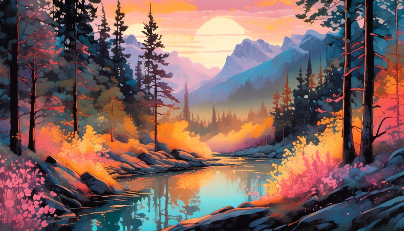 Vibrant Flowery Forest in Rocky Mountains, Earle-Style Illus...