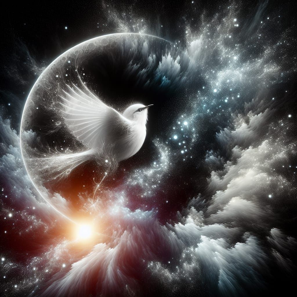 Hypermaximalist Scene of a Songbird Under Radiant Moonlight