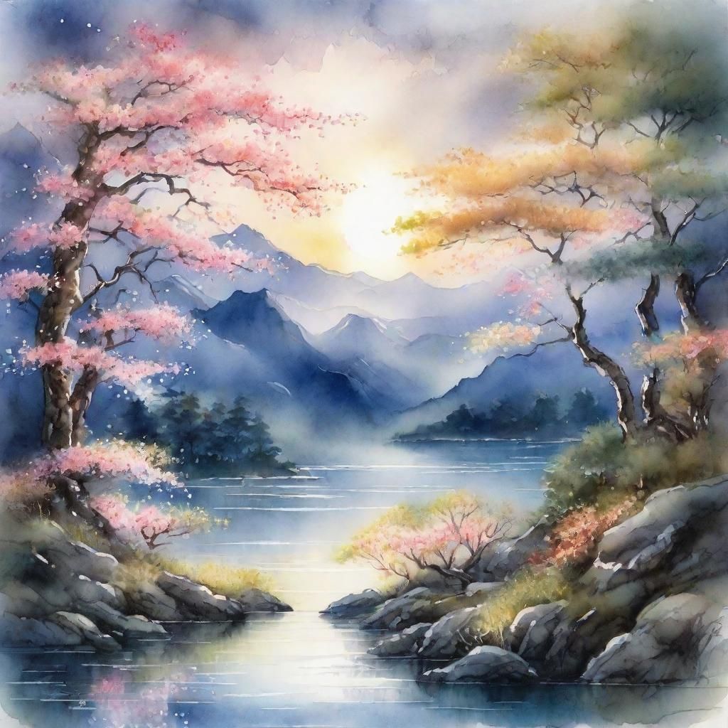 Japanese Watercolor Landscape with Silver Trees
