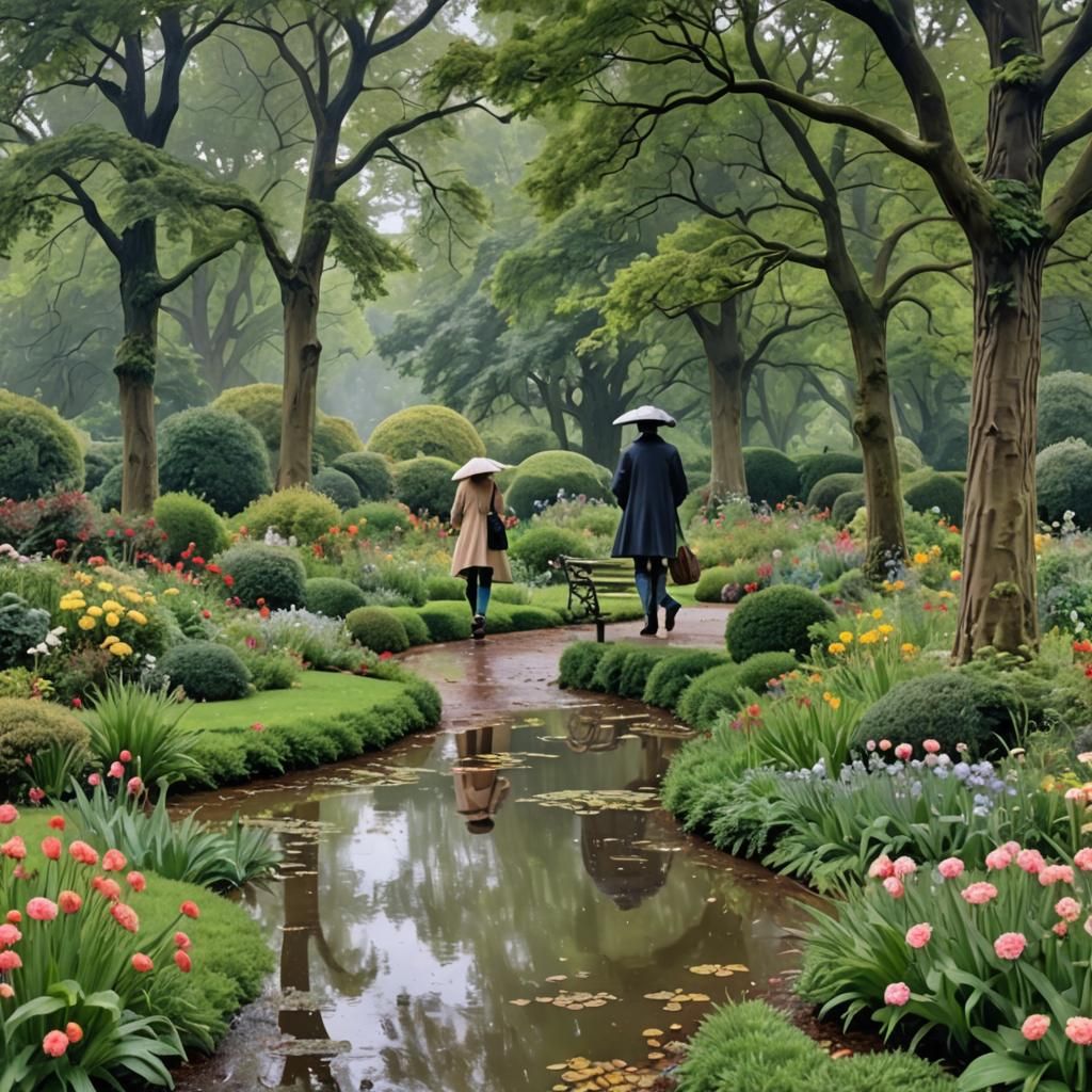 English Garden Walk on a Rainy Day