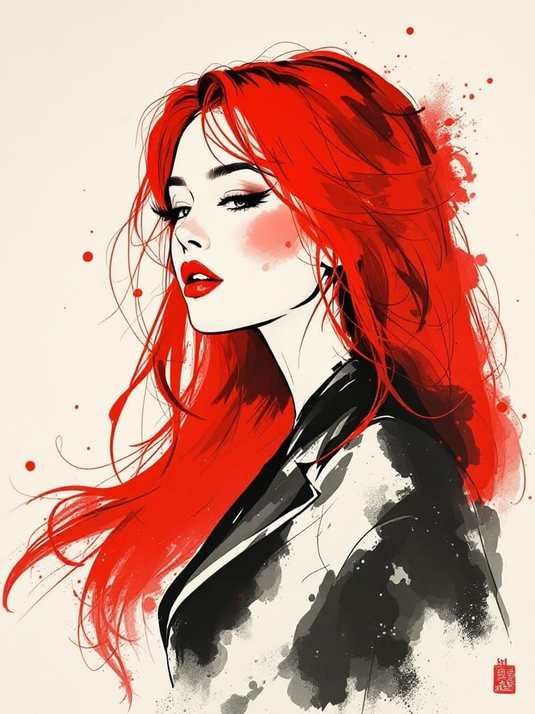 Sensual Red-Haired Woman in Elegant Japanese Ink Brush Art