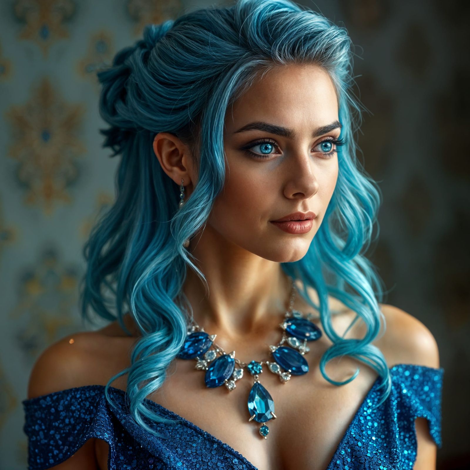 Photorealistic Blue-Haired Woman in Sequined Gown