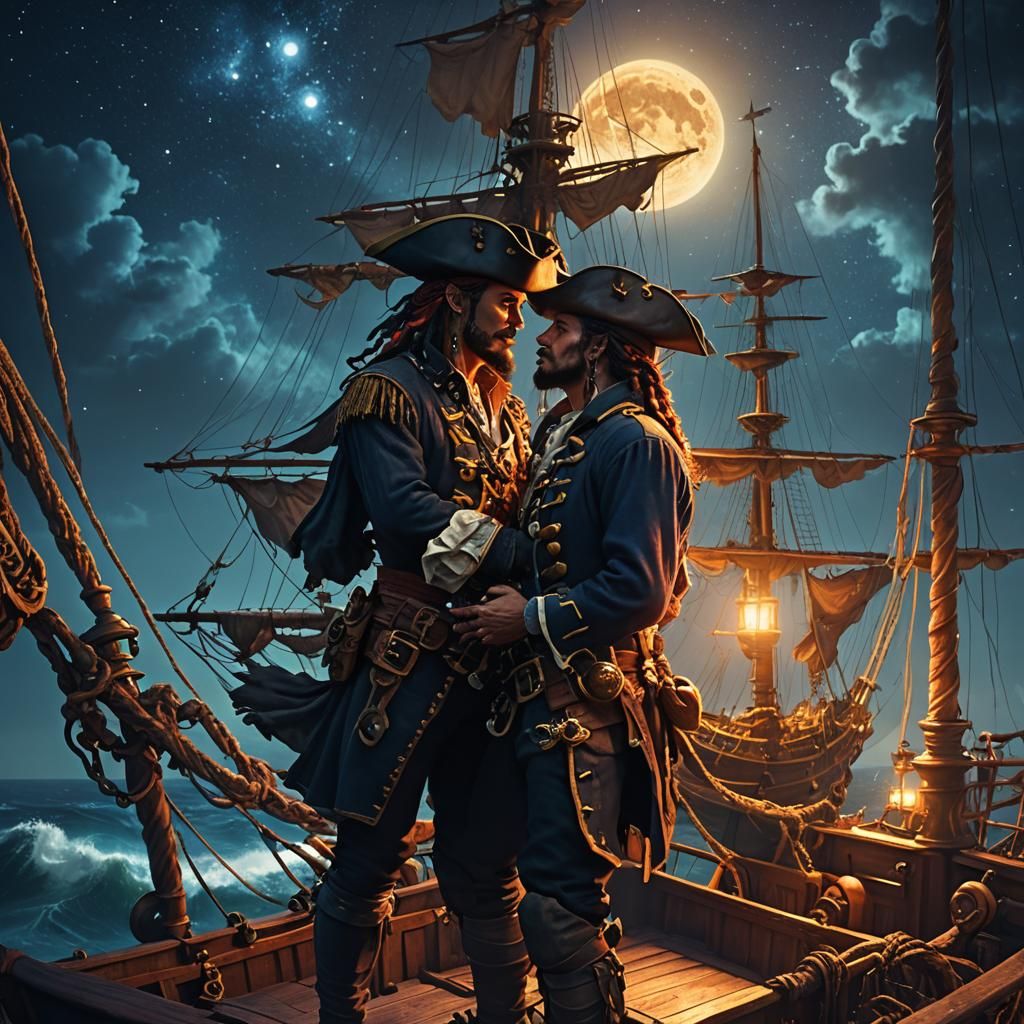Pirate Captains Embrace Under Moonlight