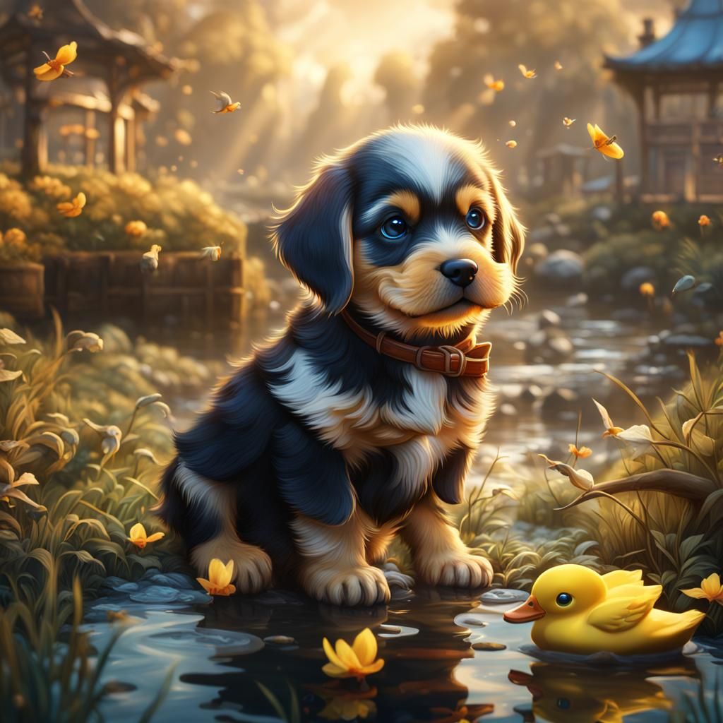 Puppy and Duck Cute Detailed Matte Painting