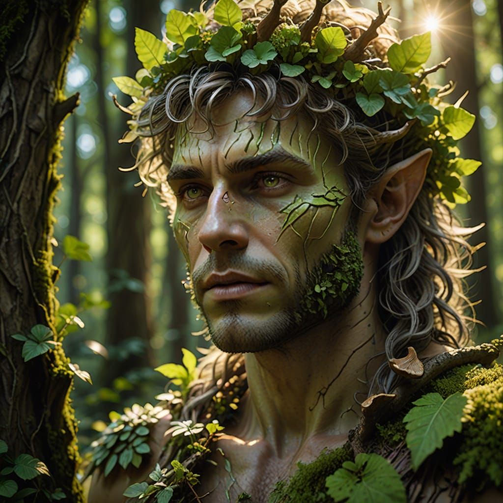 Handsome Dryad in Hidden Grove: Hyperrealistic Digital Art