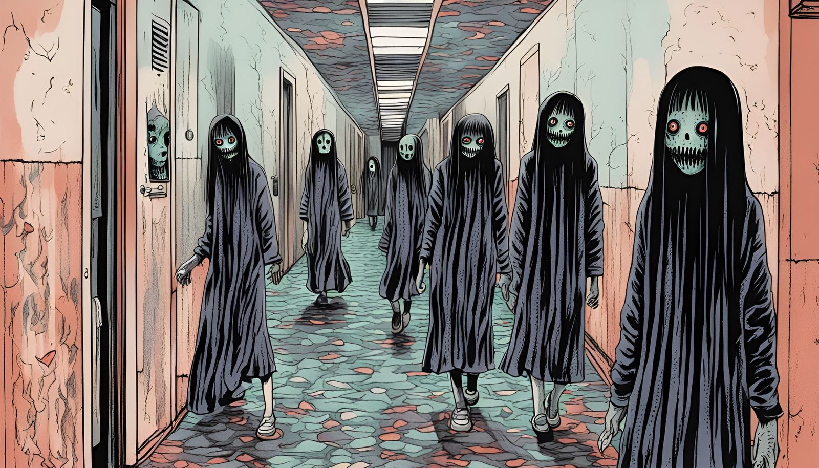 Junji Ito-Inspired Horror: Ghostly Girls in Corridor
