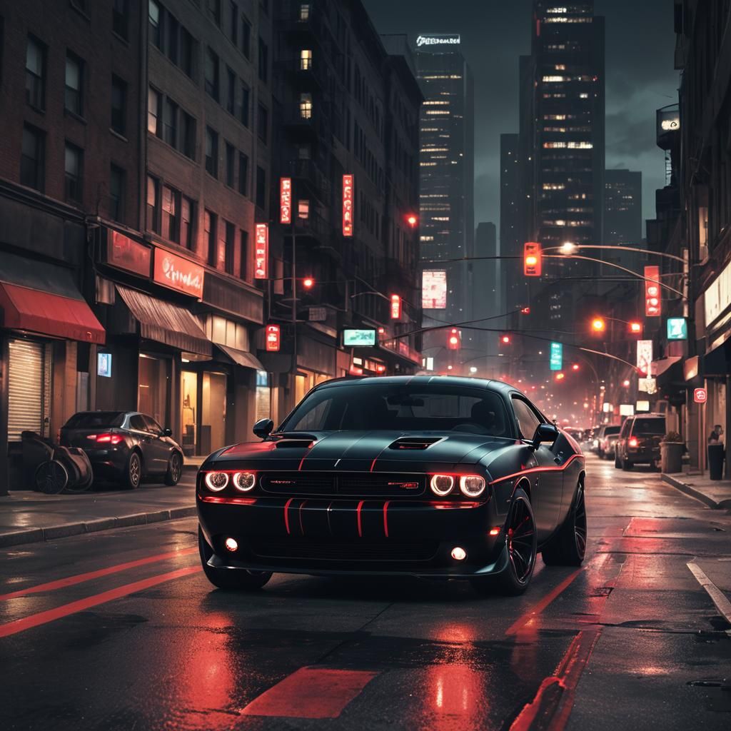 Black Dodge Challenger with Red Stripes in Dark Fantasy