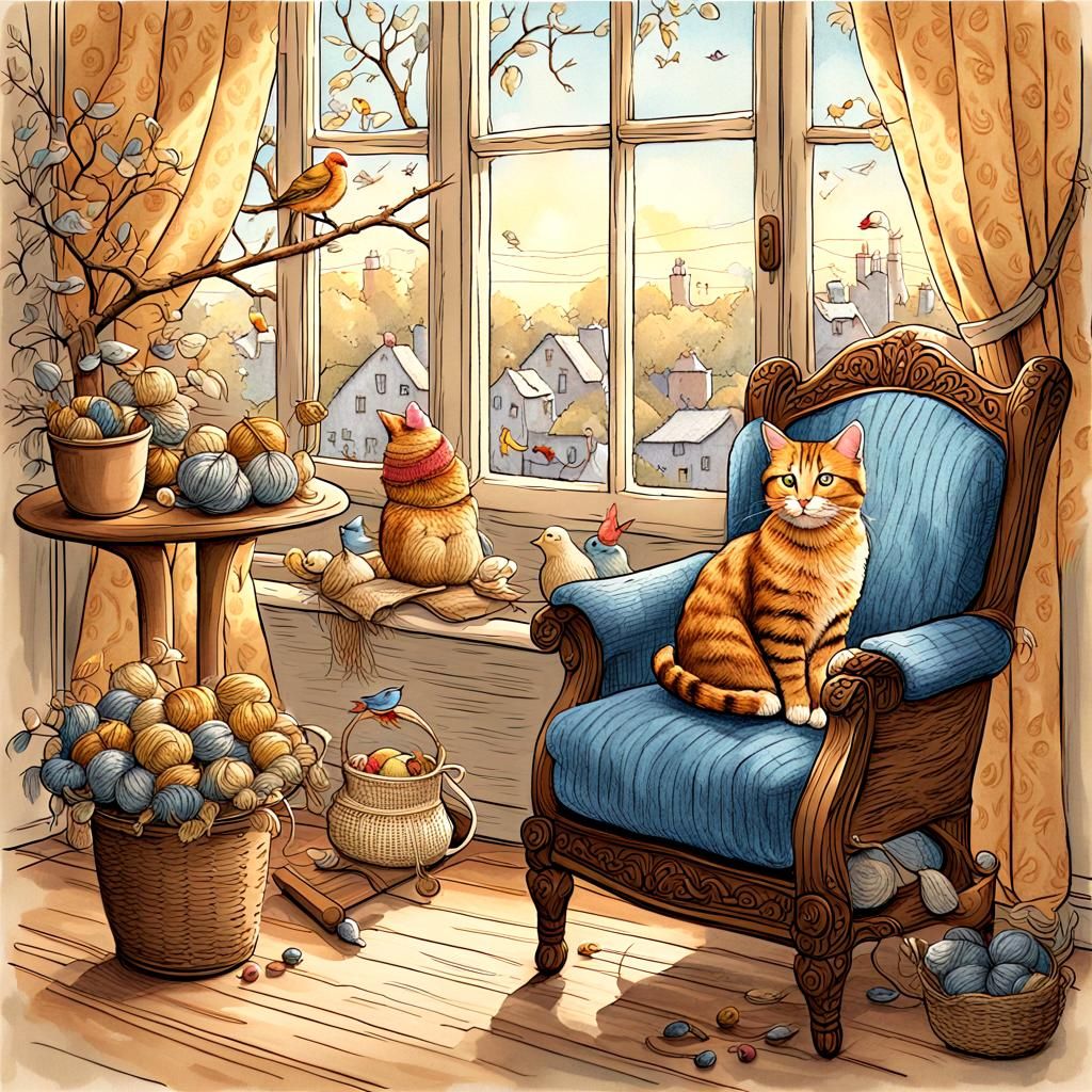 Cat Knitting Hats: Whimsical Filigree Illustration