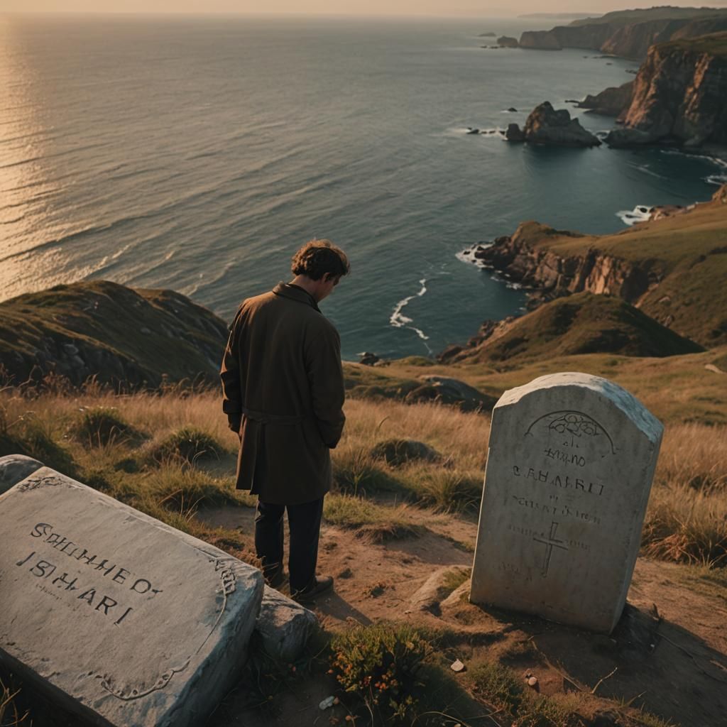 Mourning at Cliffside Gravestone in Warm Sunset Light