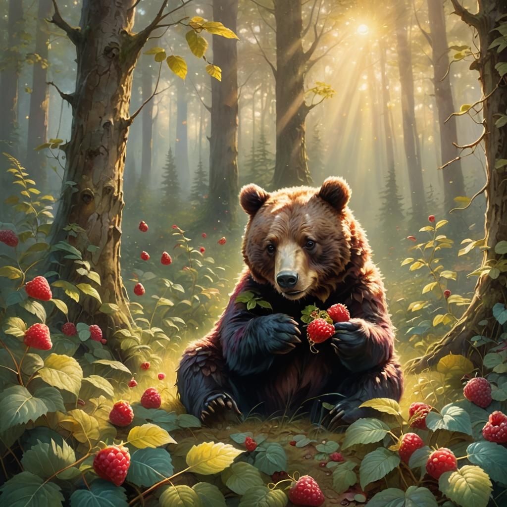 Bear Cub Feasting in Enchanted Forest Glade