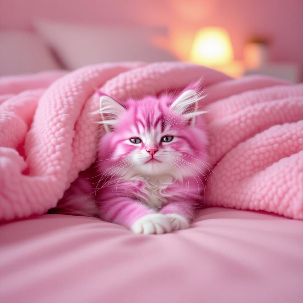Fluffy Pink Kitten Sleeping on a Pink Bed