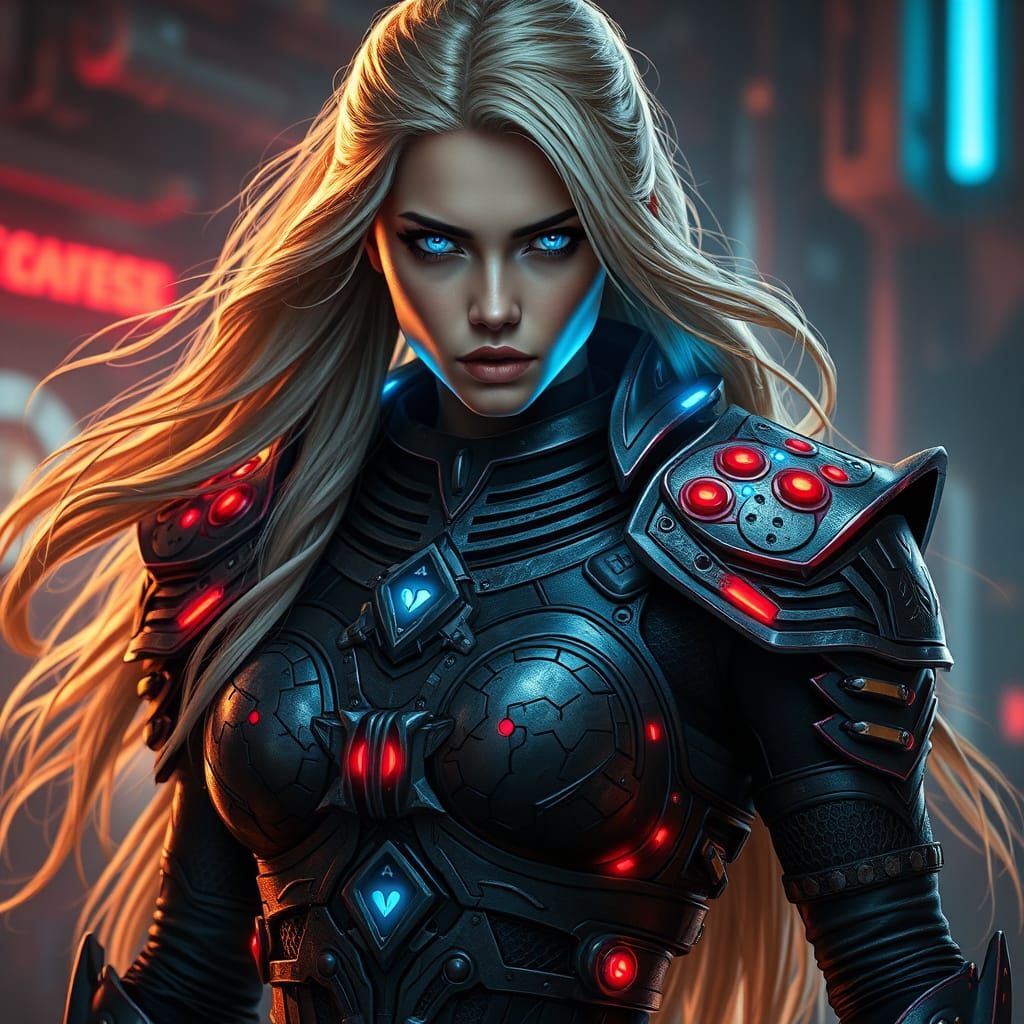 Glowing Warrior in Futuristic Armor, Cyberpunk Style