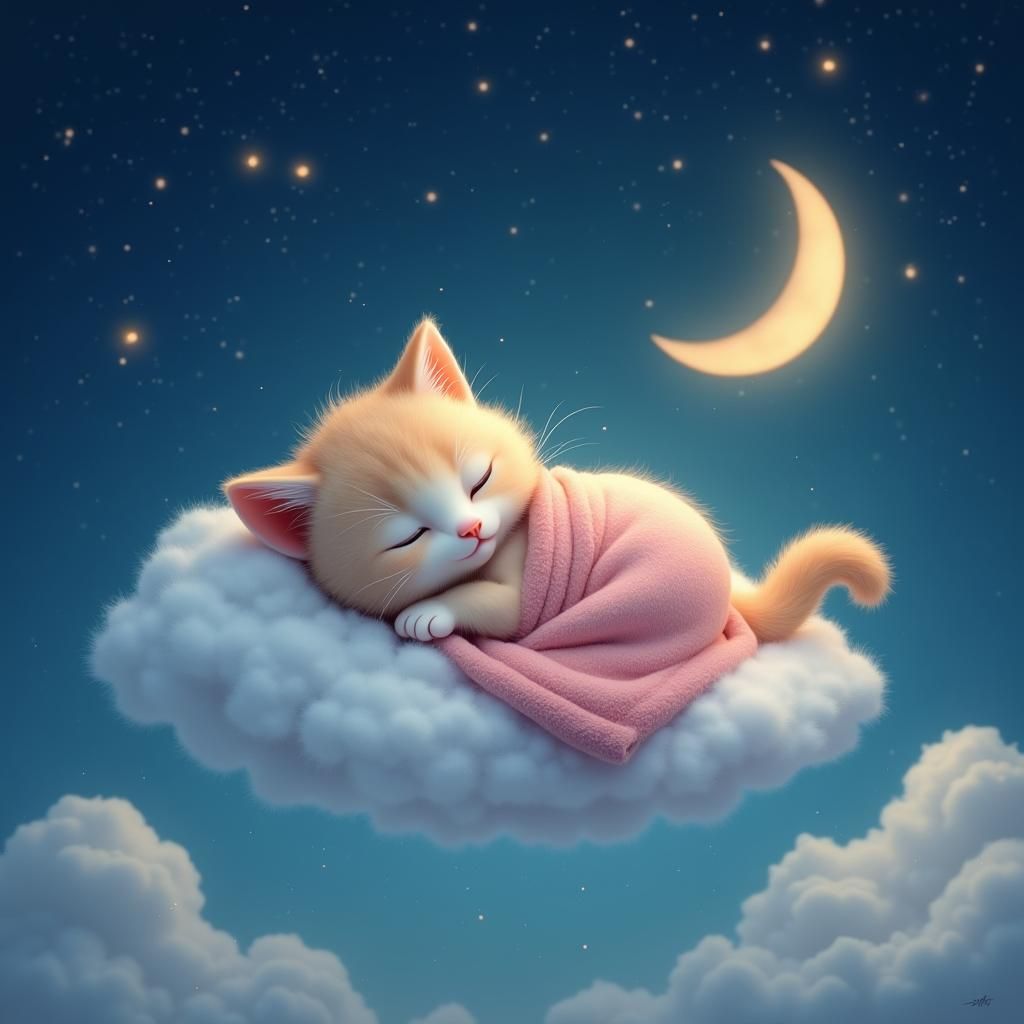 Kitten Sleeping on a Cloud in Dreamlike Fantasy Art