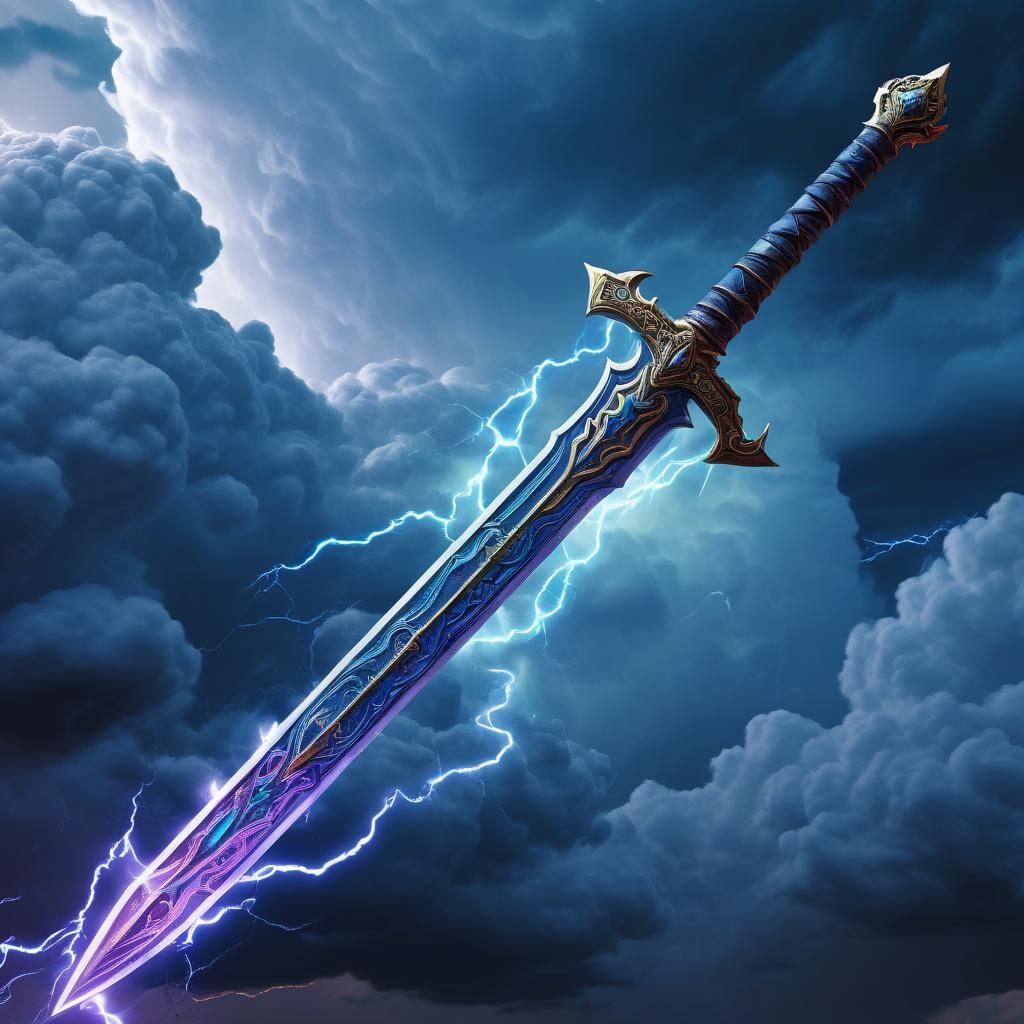 Electric Blue Sword Slices Through Stormy Sky